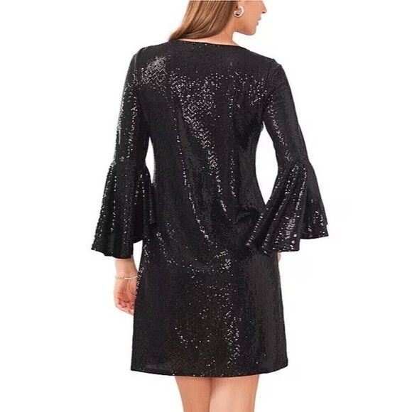 Vince Camuto Womens Sheath Dress Metallic Sequins Flounce Sleeve Rich Black - Picture 2 of 3
